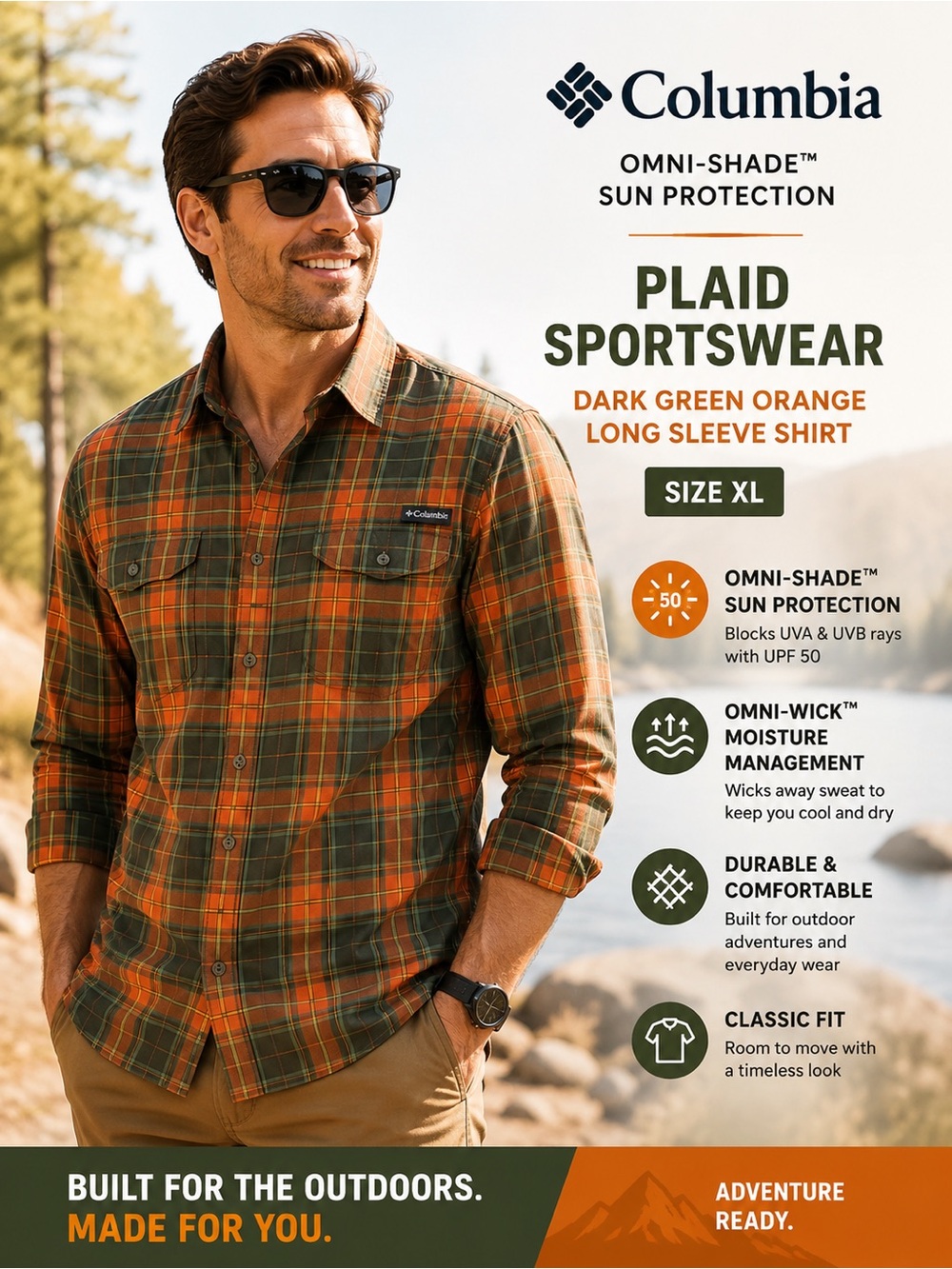 Columbia Omni Shade Sun Protection Plaid Dark Green Orange Sportswear  XL